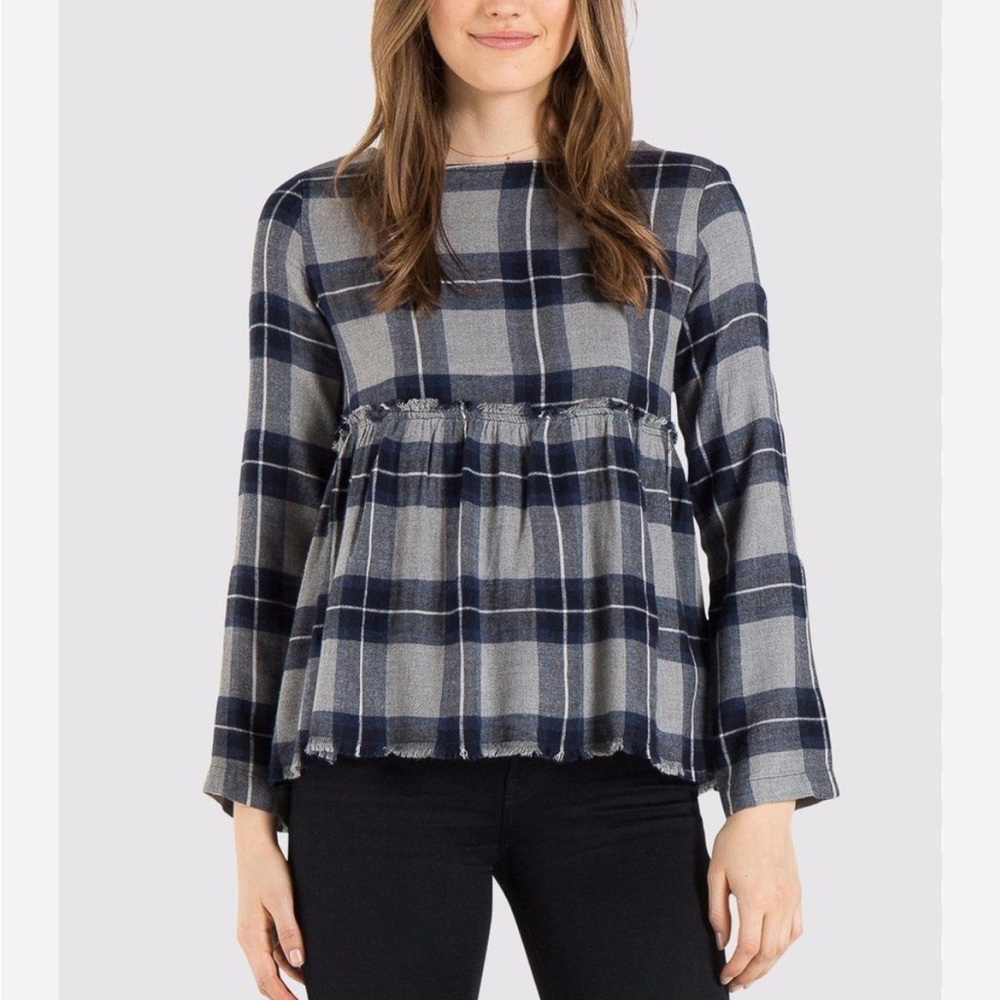 Cloth & Stone Anthropologie Blue/Gray Plaid Ruffle Long-sleeve